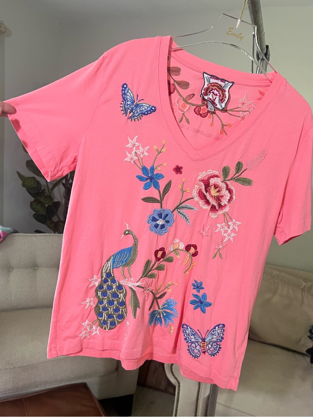 ⭐ Johnny Was Embroidered Peacock & Floral Tee